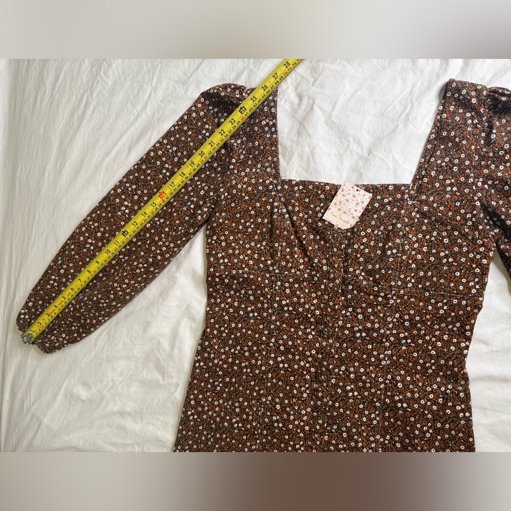 Free People Clementine Corduroy Mini Dress Brown Floral Puff Sleeve Size 10 NWT - Picture 9 of 13